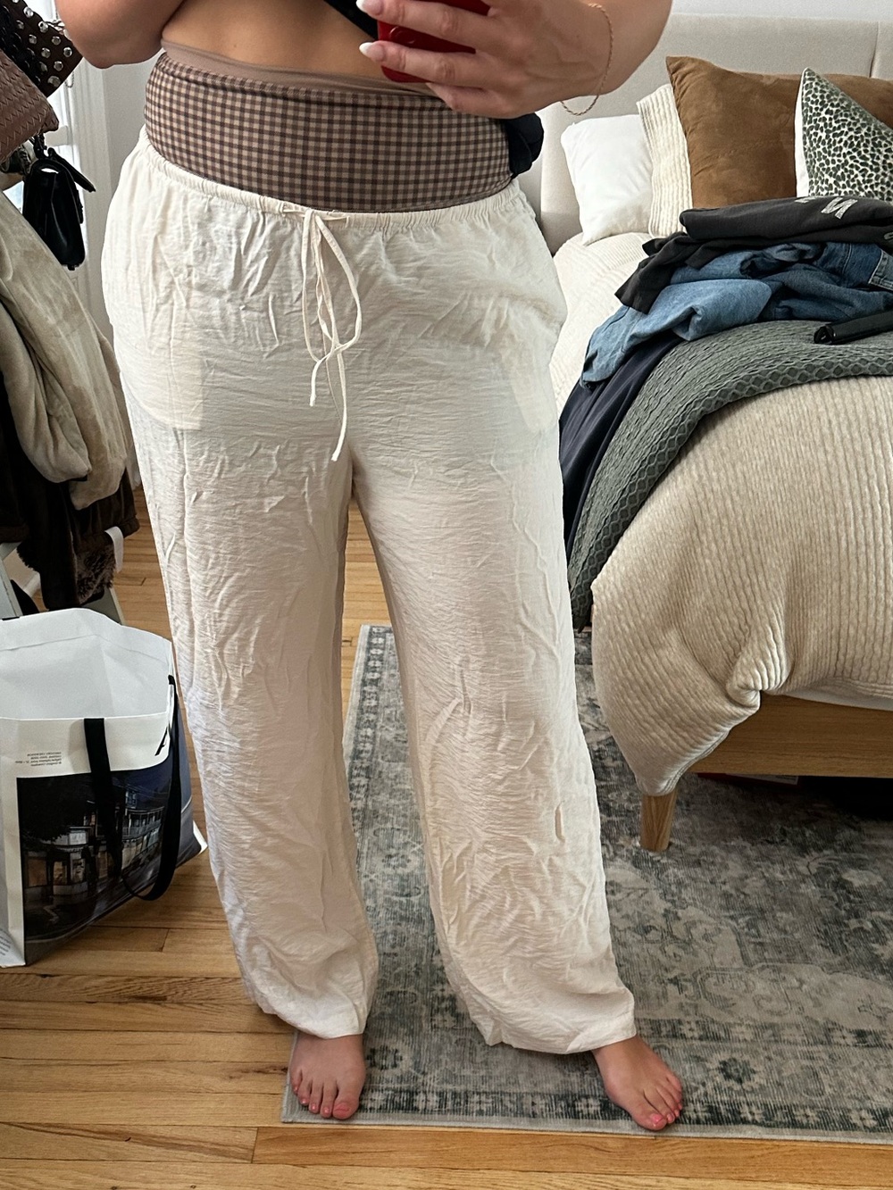 H&M Cream Wide-Leg, Drawstring Pants